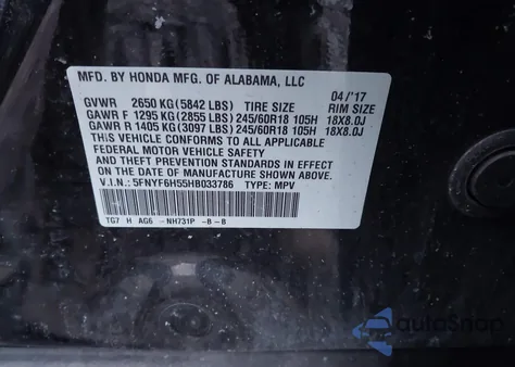 2017 Honda Pilot Ex-L from USA, damaged, VIN 5FNYF6H55HB033786